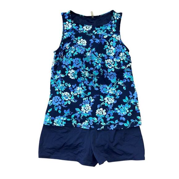 Lands' End Conservative Full Coverage Swimsuit Women’s M 6-10 Blue Floral Print - Picture 1 of 16